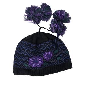 Peruvian Link Floral Embroidered Beanie Tassles Alpaca Blend Colorful One Size